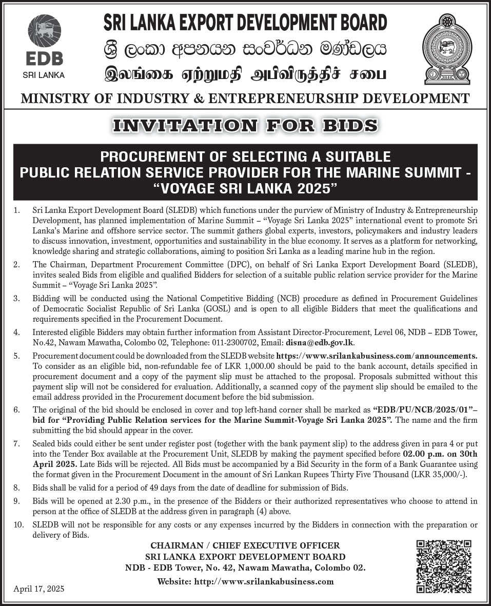 Procurement of Selecting a Suitable Public Relation Service Provider for the Marine Summit – Voyage Sri Lanka 2025